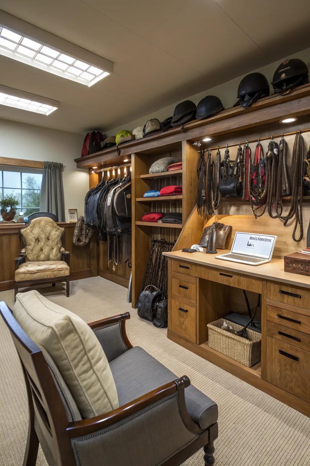 A relaxing workspace in a tack room for upkeep and repairs.