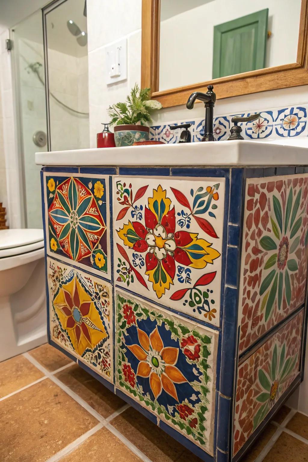 Incorporate personality to your bathroom vanity using Majolica mosaics.