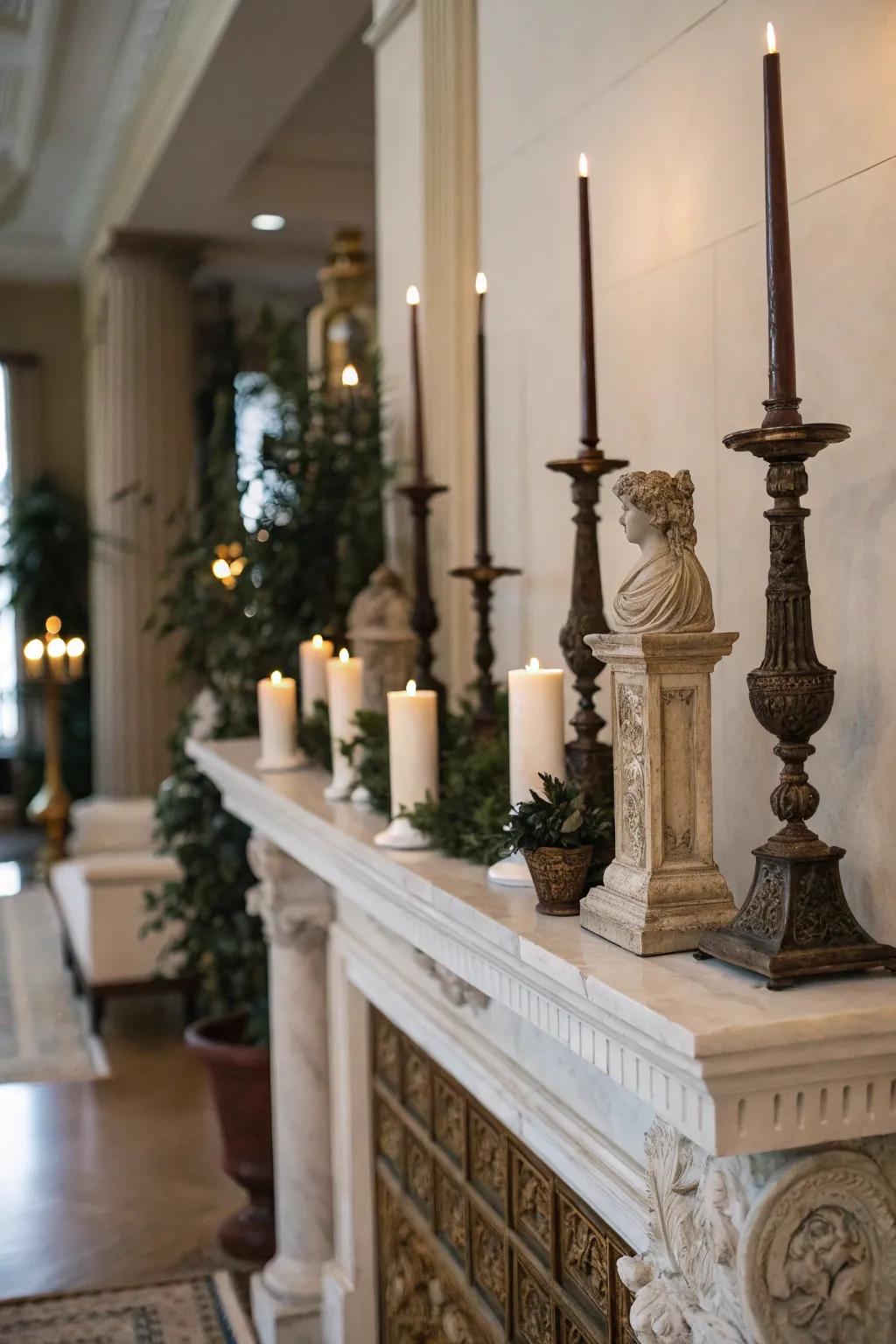 A high mantel featuring vertical aspects like lights and sculptures to enhance elevation.