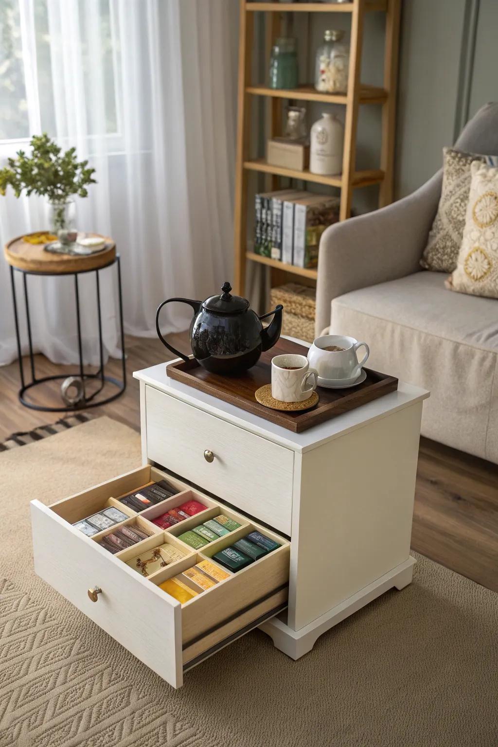 Multi-functional furniture serving as a tea station.