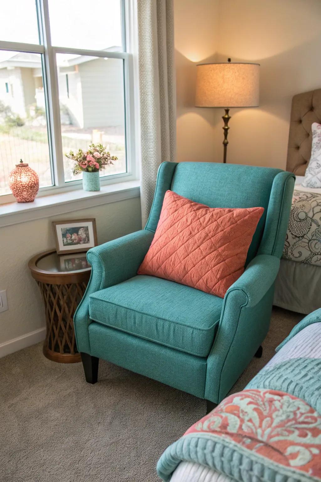 Aqua chairs paired with peach cushions for a charming nook.