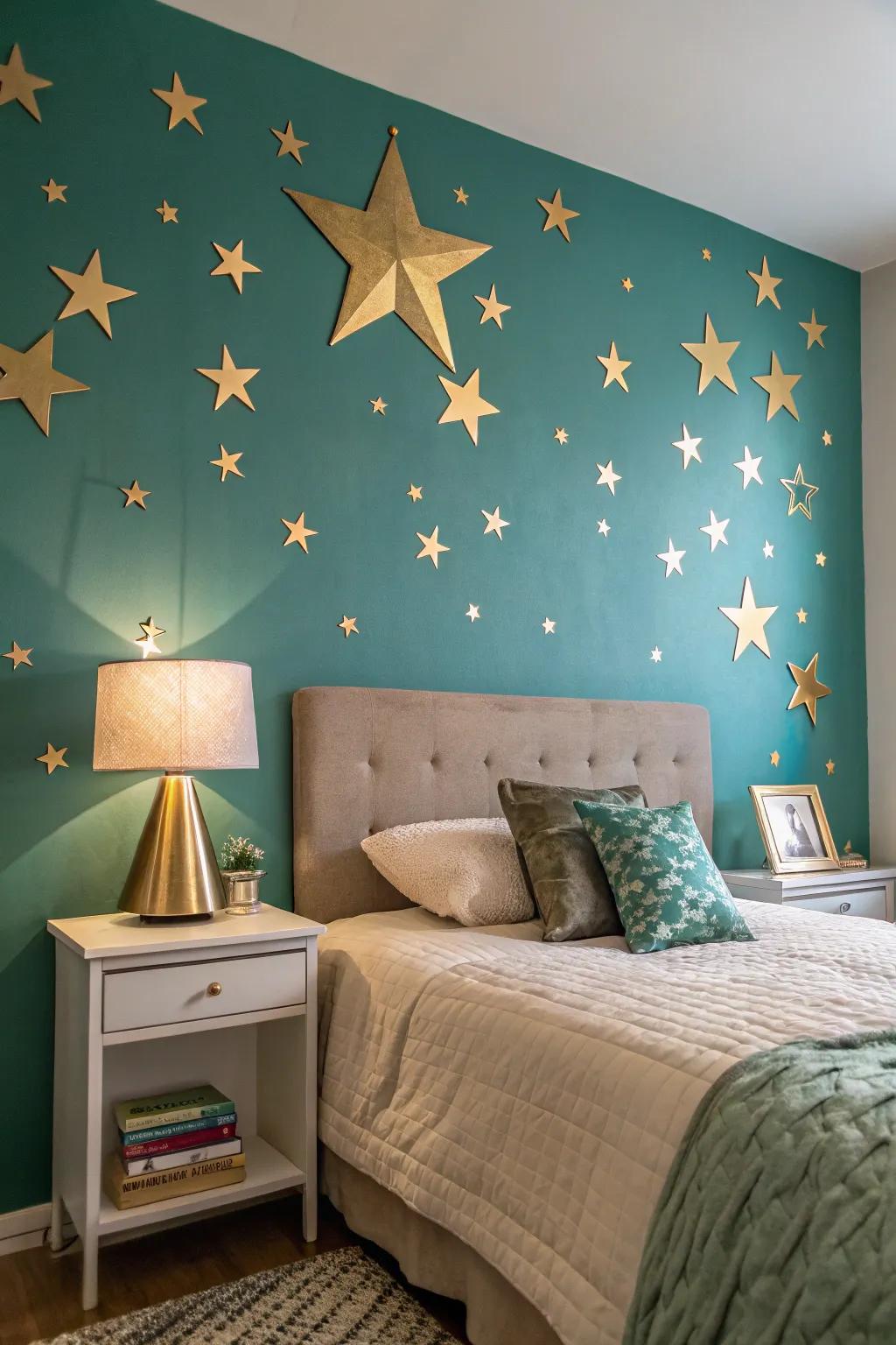 Gilded star-formed design adds a whimsical touch to this horizon-themed sleeping quarters.