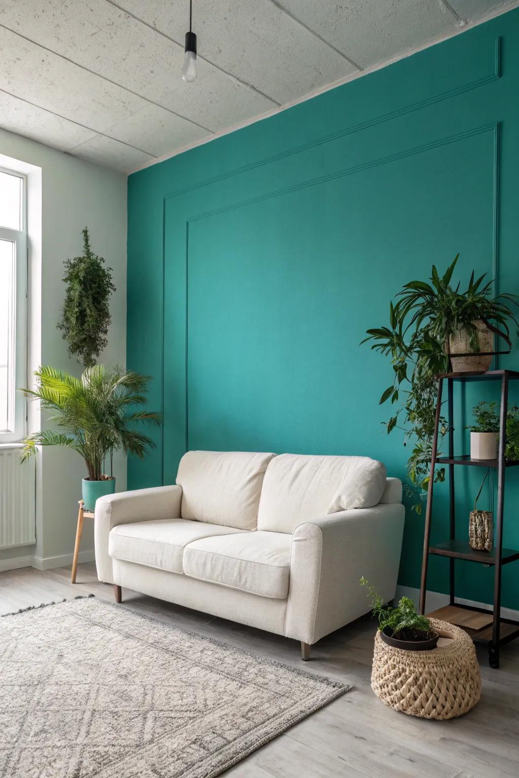 A minimalist room featuring a stunning teal feature wall.