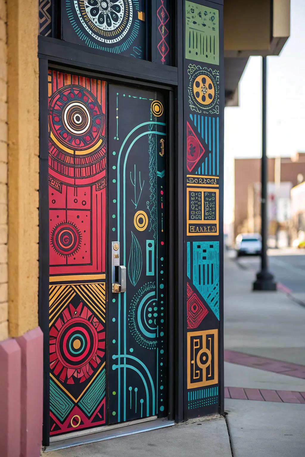 A door with captivating colors and tech-inspired patterns.