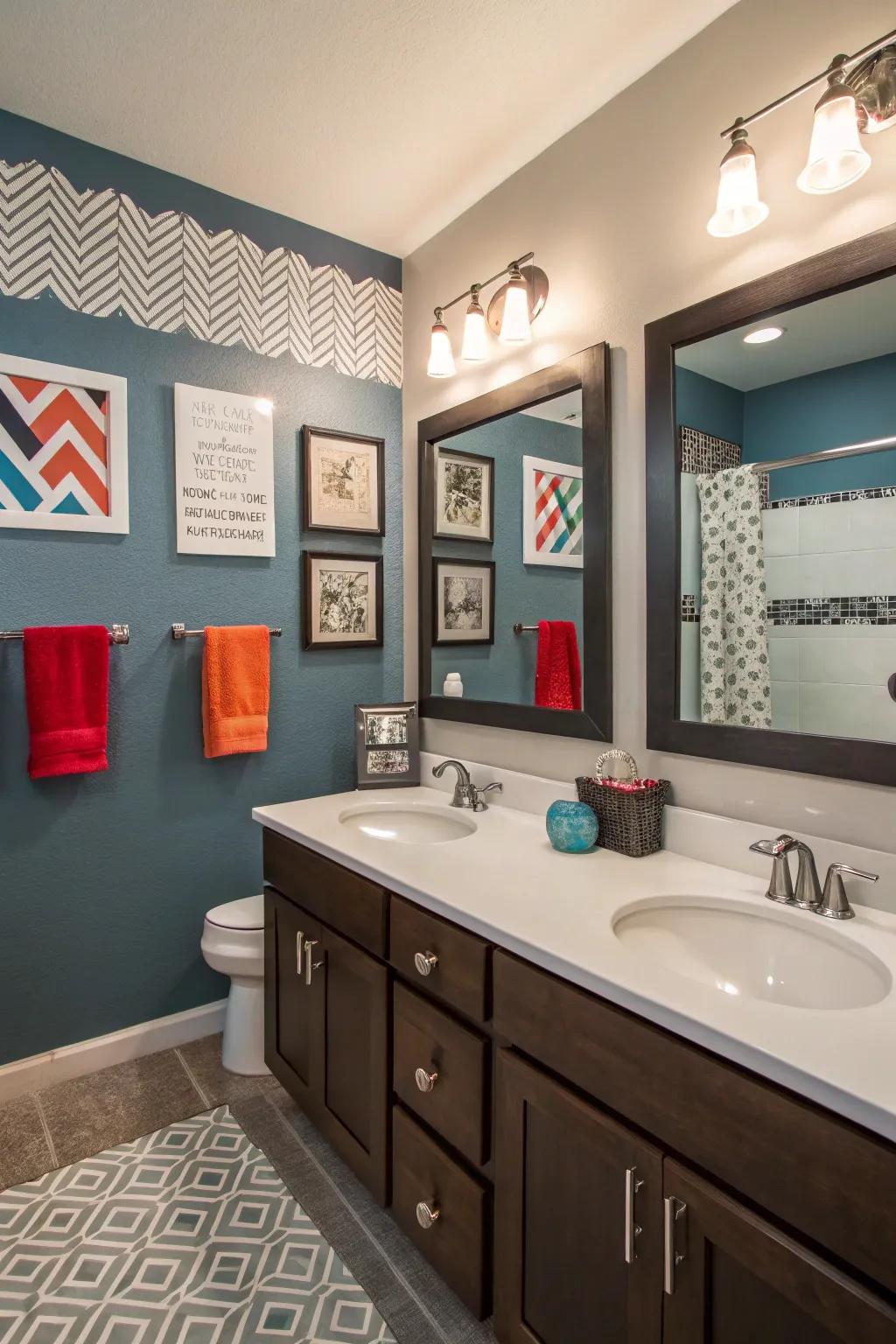 Wall art that can be switched out keeps the bathroom personal and adaptable.