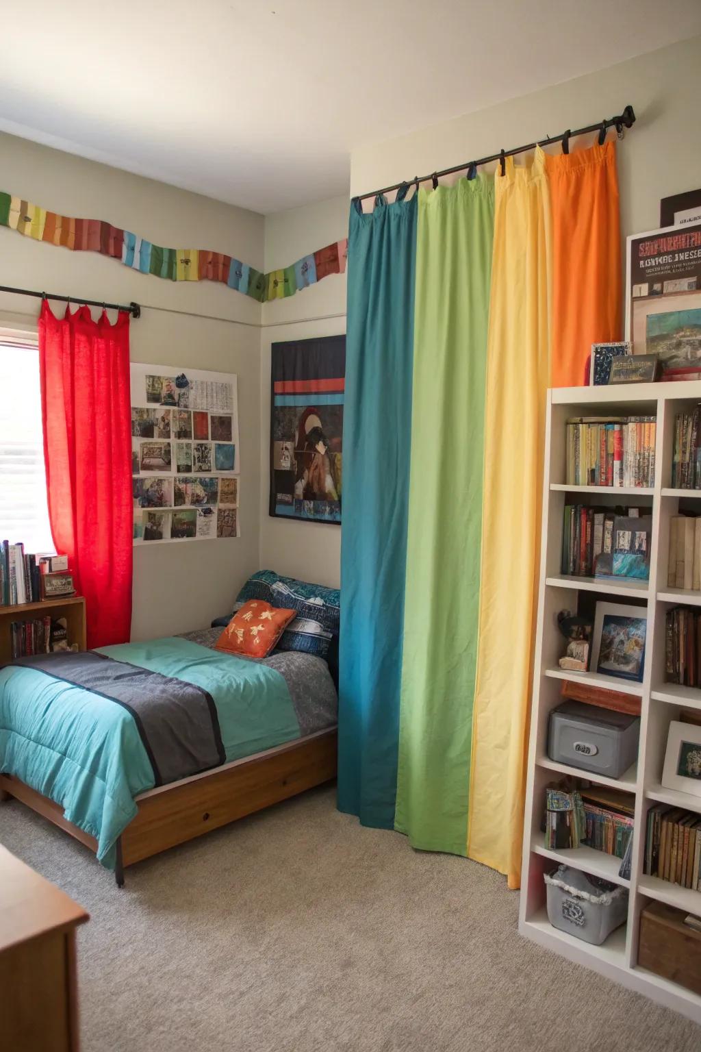 Color-blocked drapes present a contemporary and unified visual.