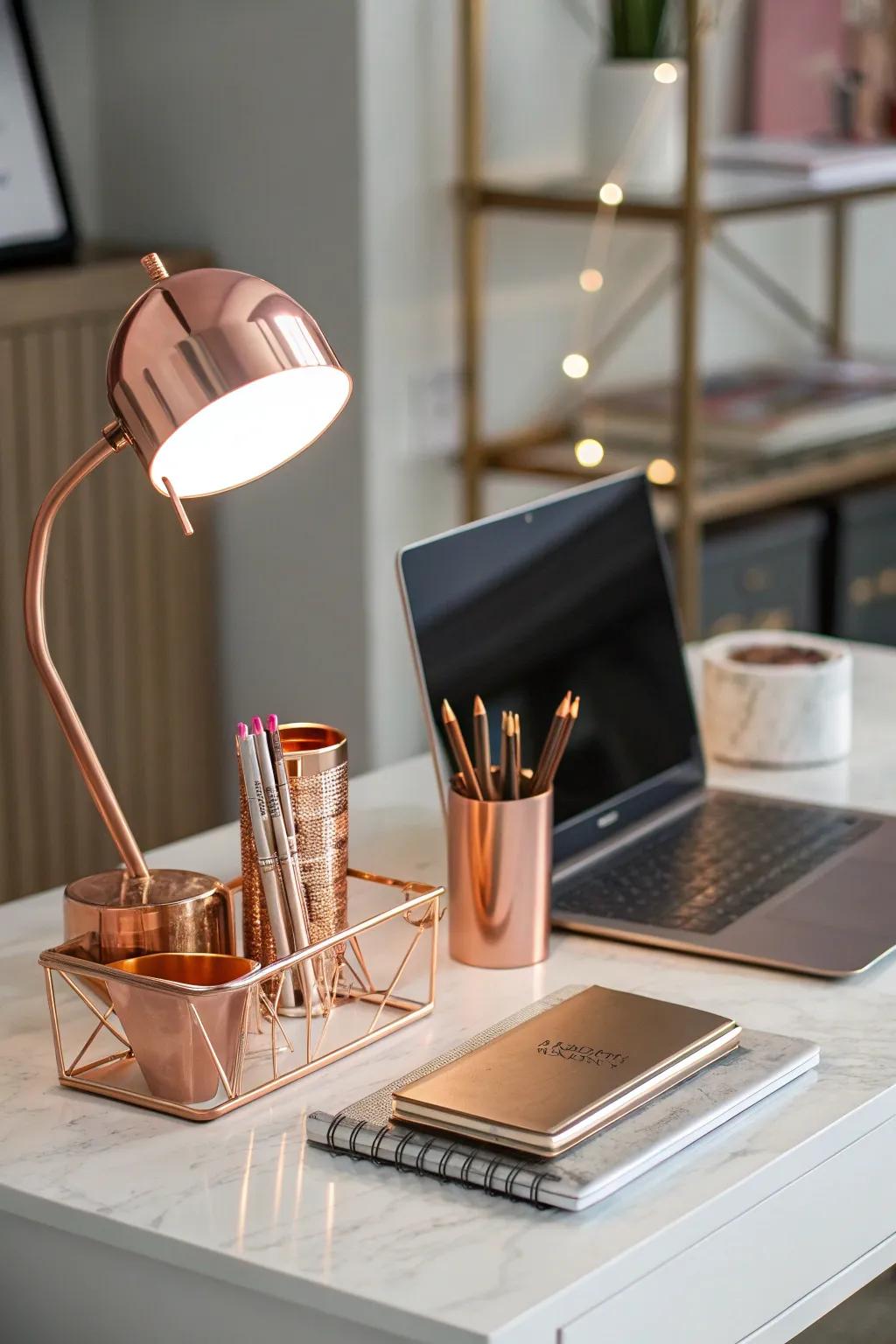 Rose gold desk components contribute a stylish accent to study spaces.