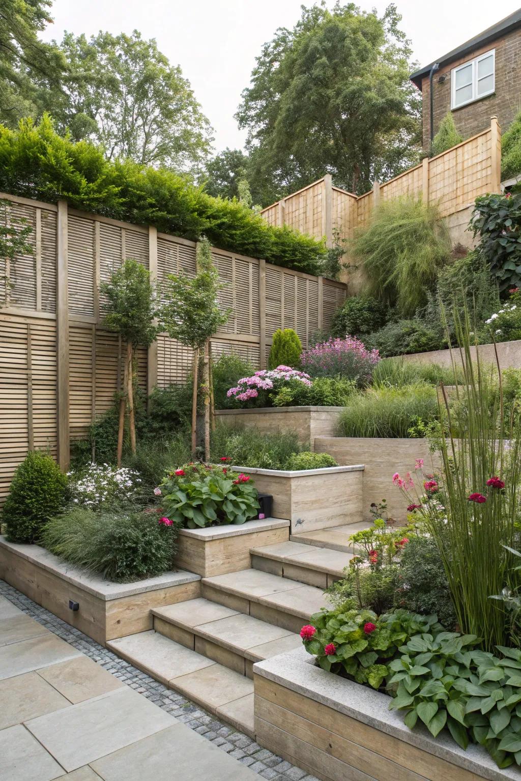 A terraced garden with seclusion elements, providing private and intimate outdoor spaces.