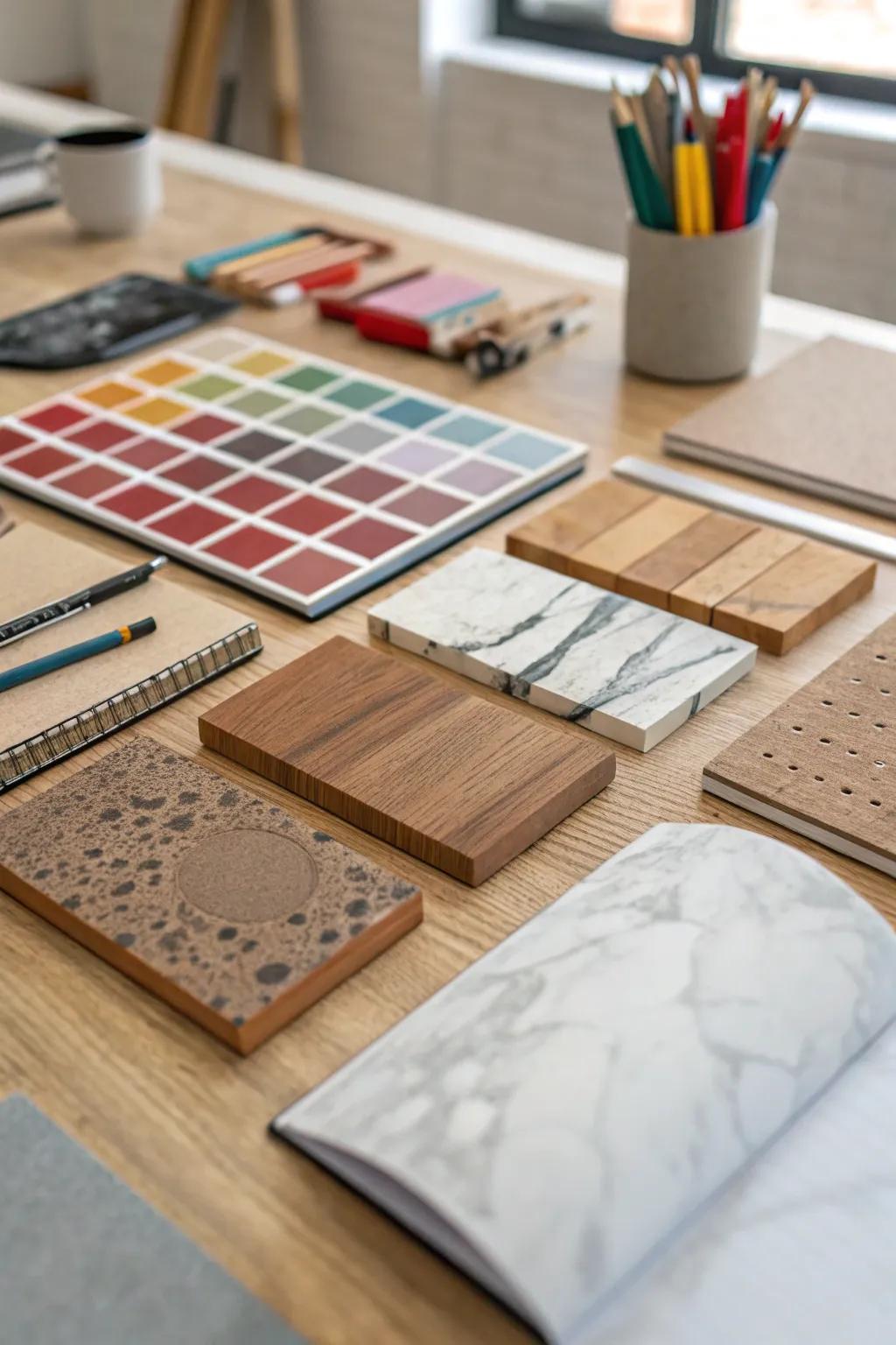 A display of texture samples gives endless ideas in this creative workspace.