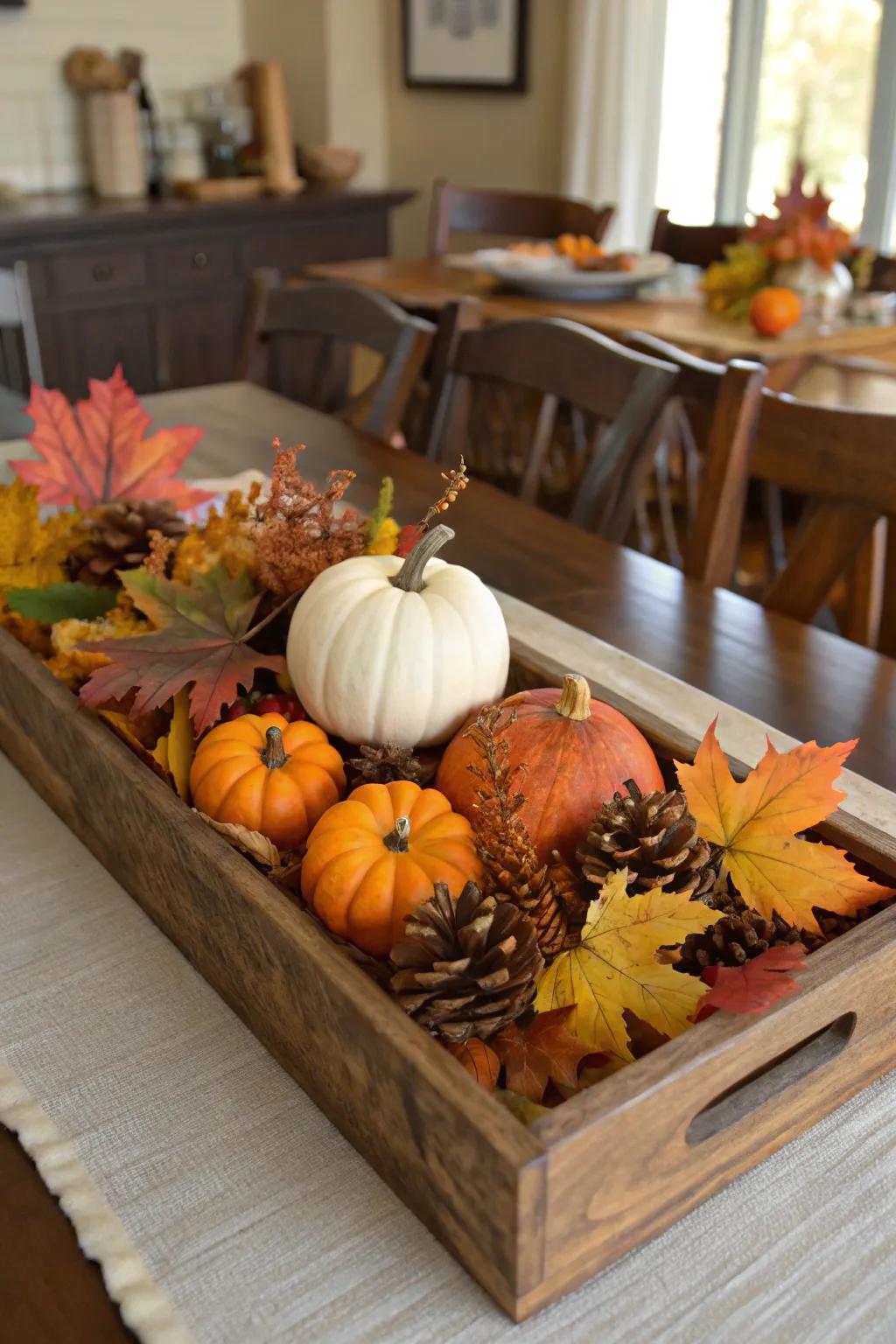 A wooden tray makes an ideal base for your centerpiece.