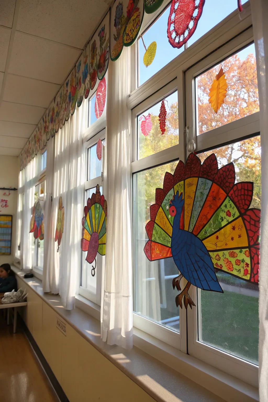 Turkey sun-catchers add a fun touch to classroom windows.