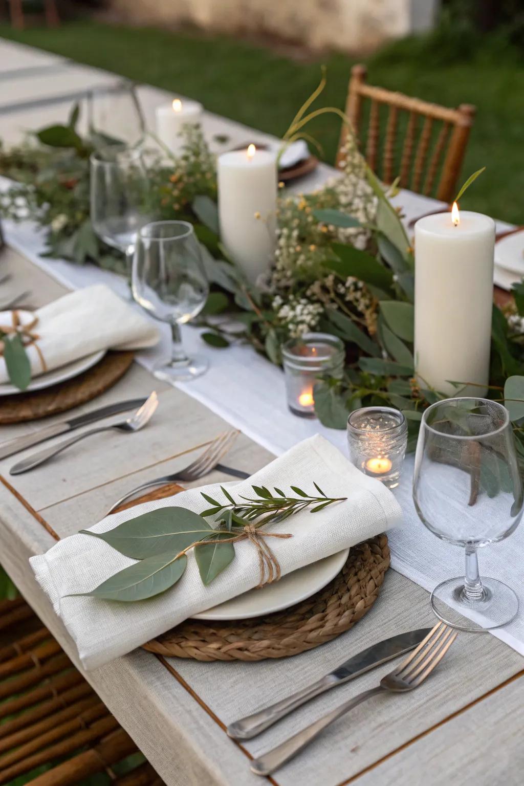 Leaf-wrapped napkins offer a fresh and natural detail to your table.