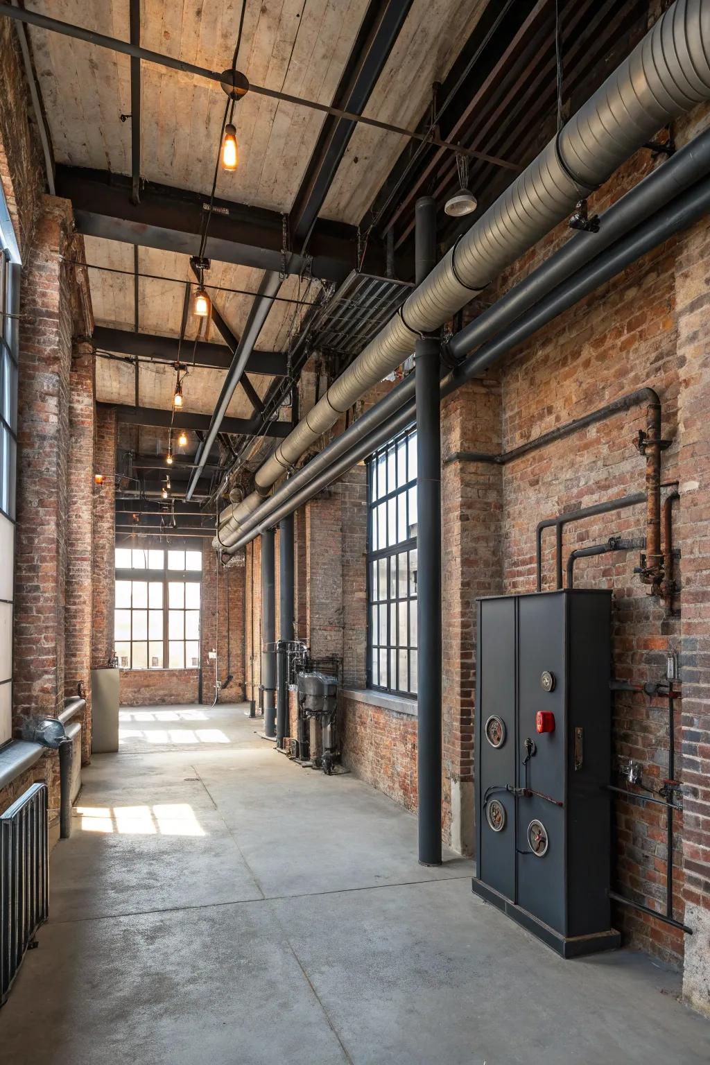 An industrial-style room featuring exposed materials and a cool atmosphere.