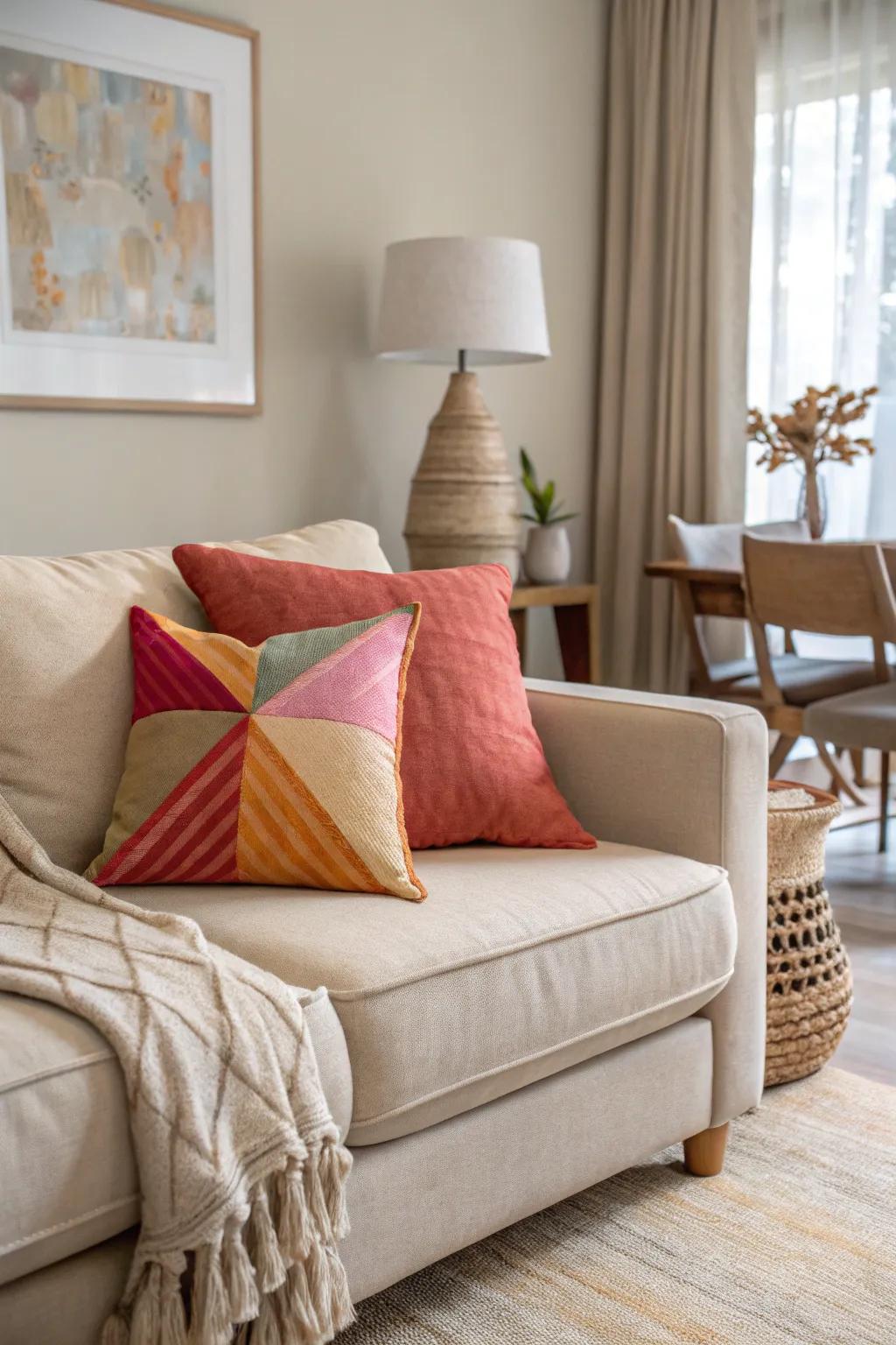 A striking burst of color with a vibrant accent pillow in a neutral setting.