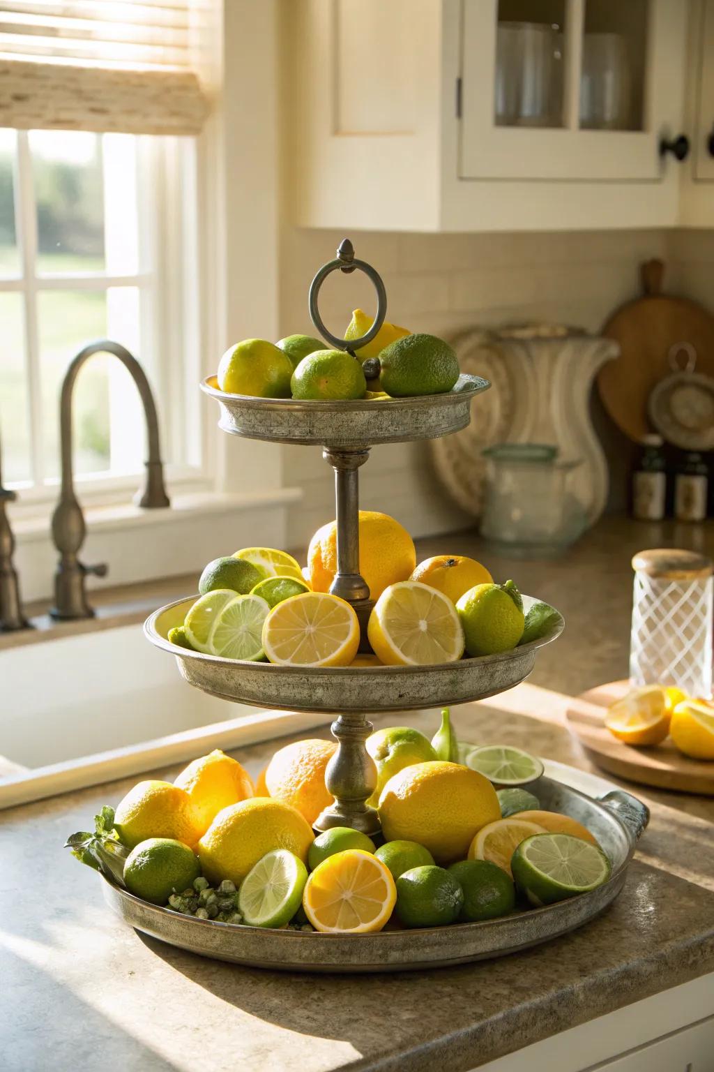 A summer-themed tiered tray popping with citrus freshness.