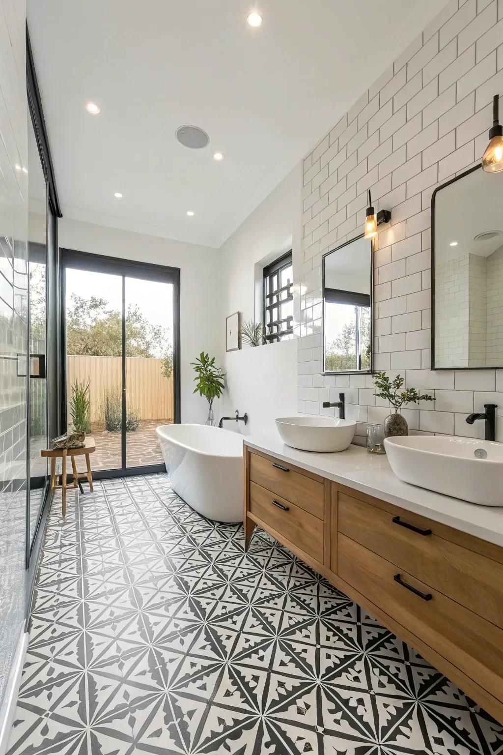 Geometric tiles introduce a modern edge to this sleek bathroom.