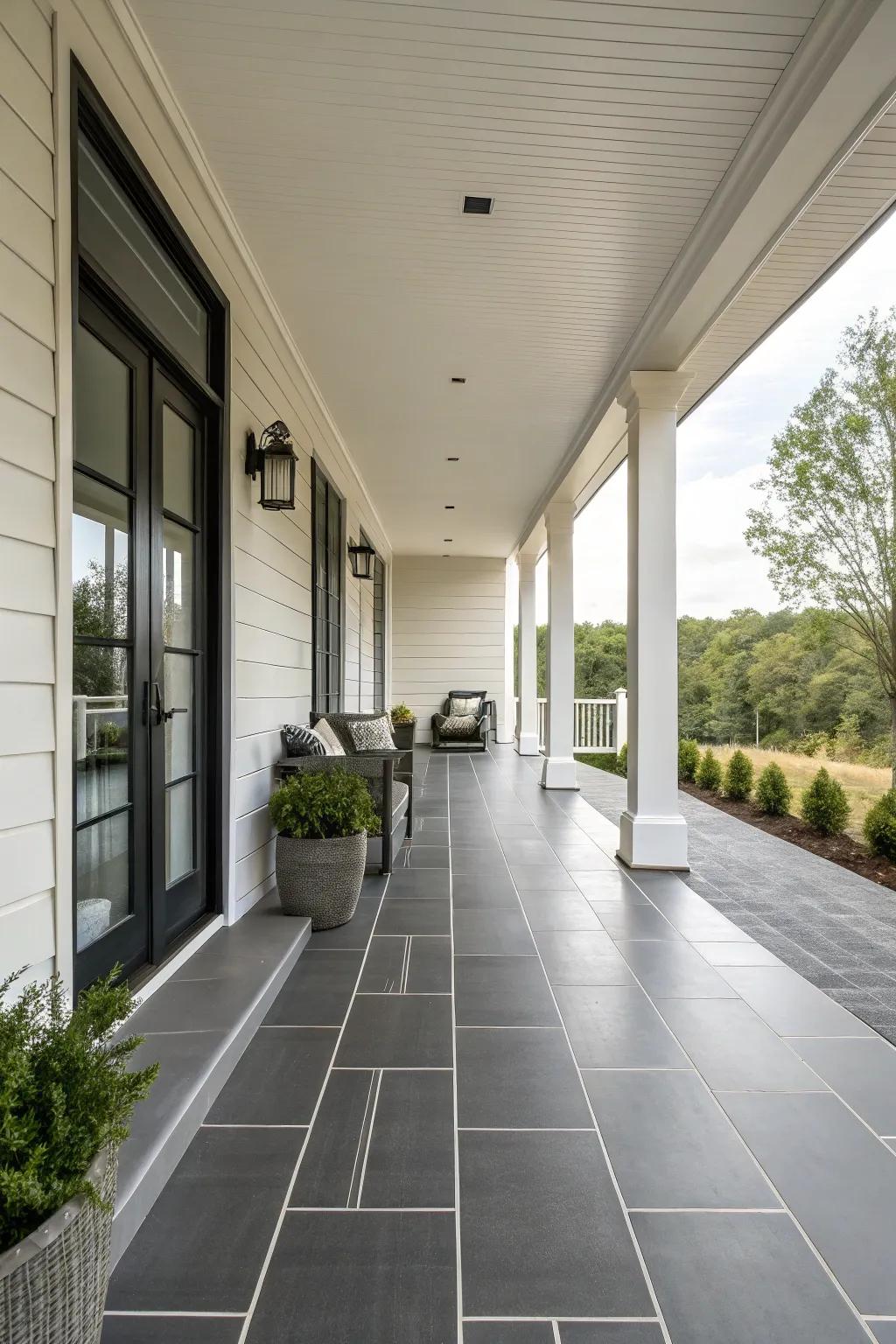 Smooth tiles lend a modern and refined look to this porch.
