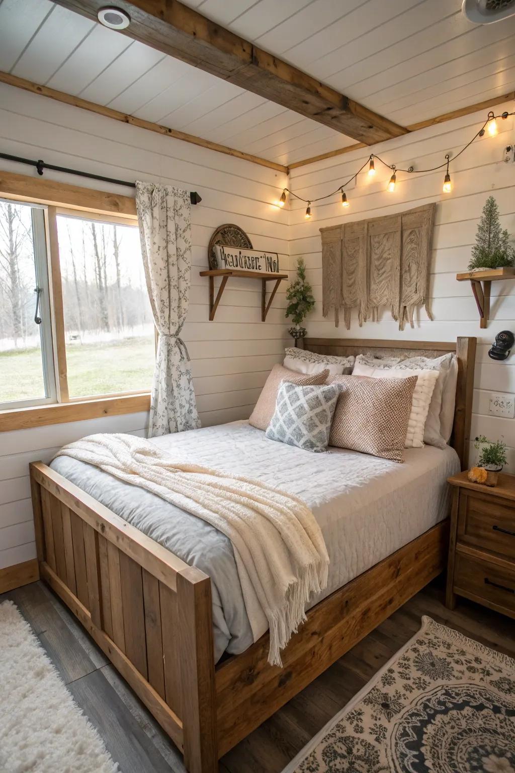 A stylish mix of wood and fabric textures creating a warm and inviting bedroom.