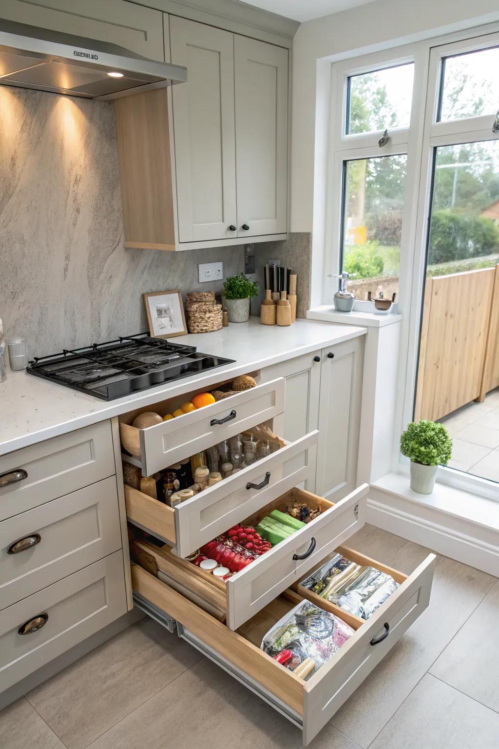 Unseen storage maintains a neat and tidy small culinary space.