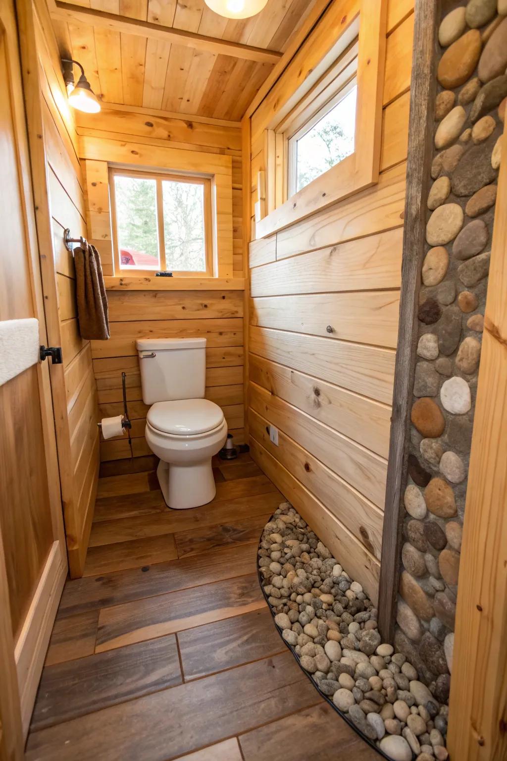 Natural touches create a cozy and welcoming feel in the bathroom.