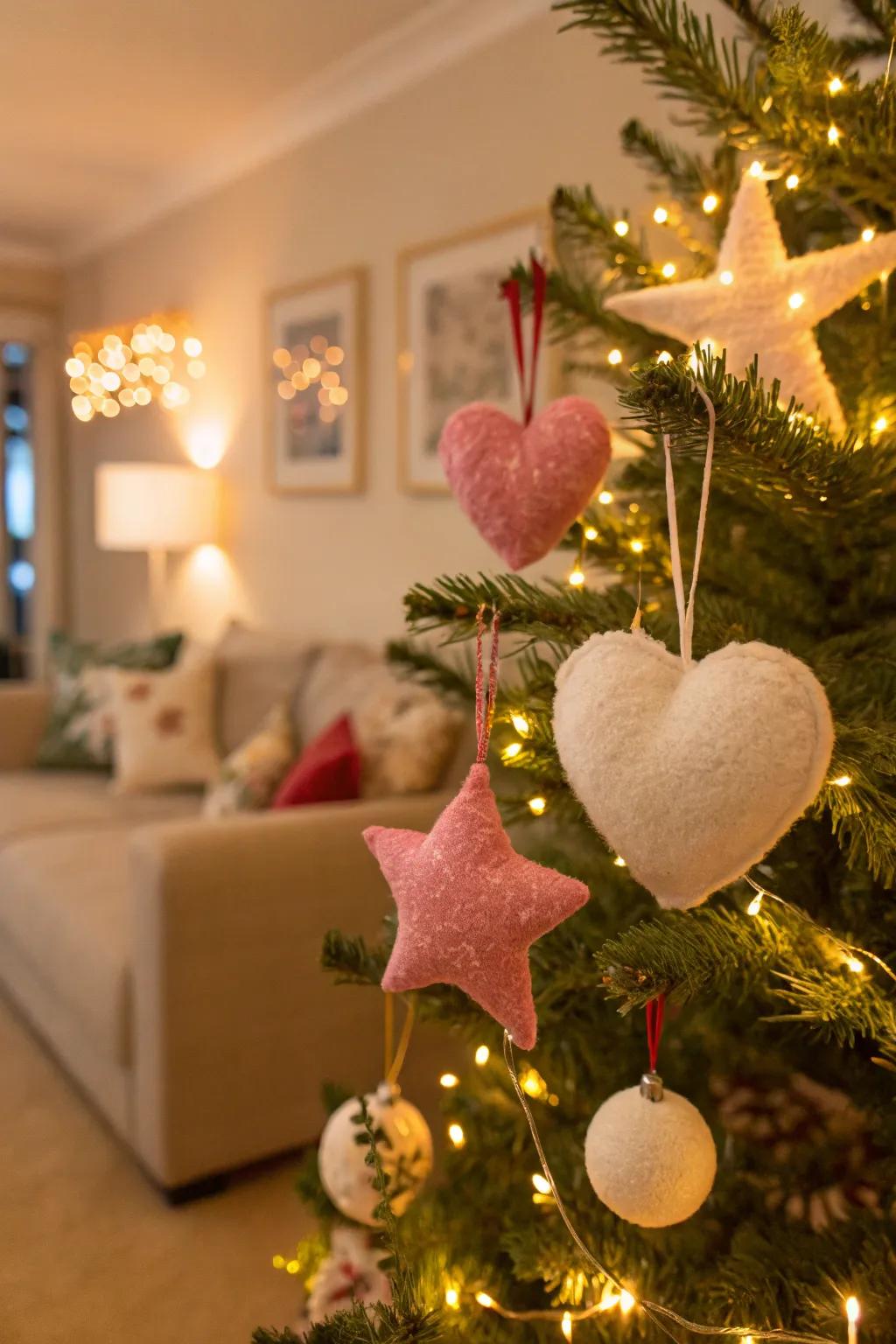 Plush decorations add a soft touch to the fir.