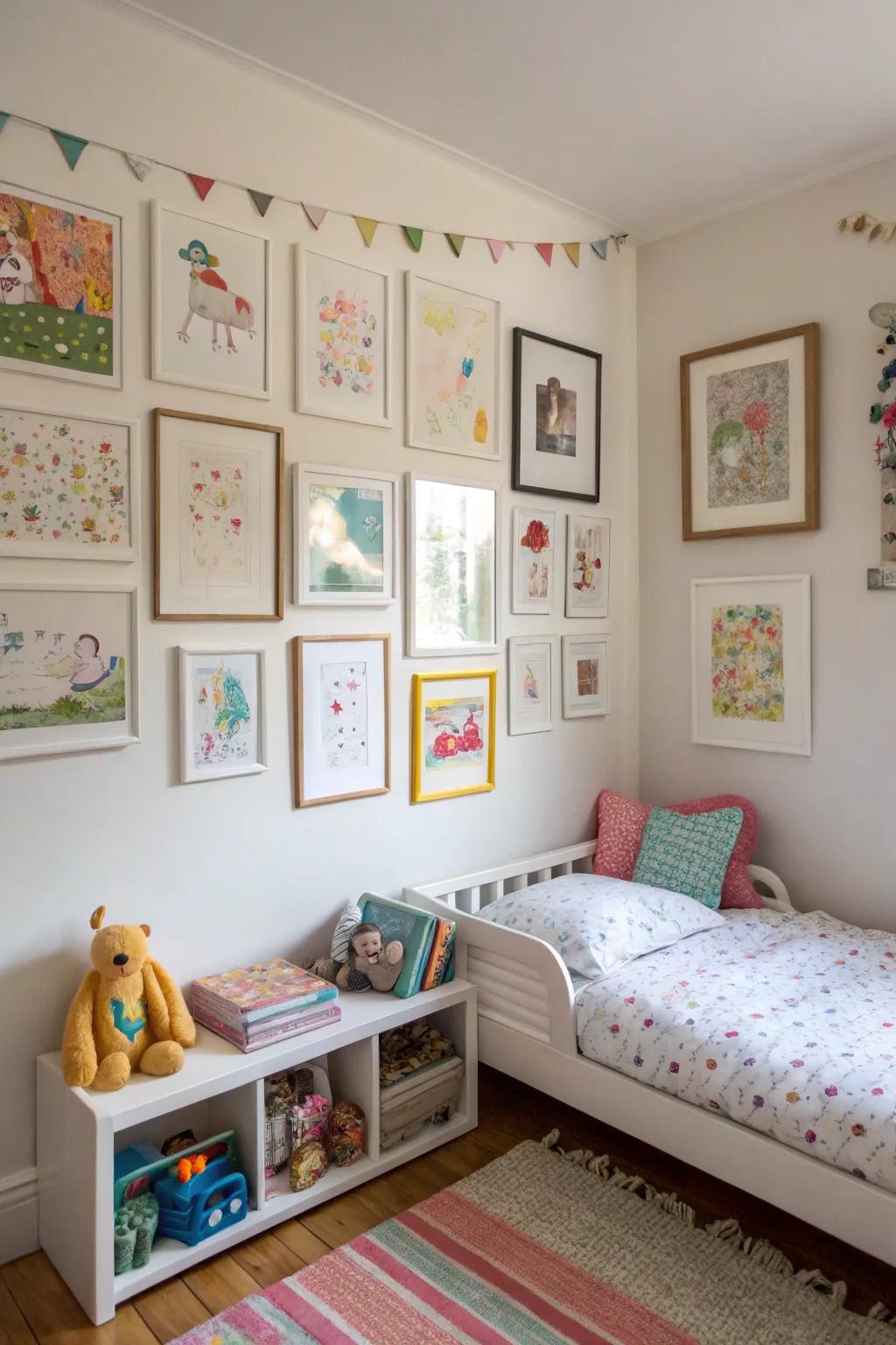 A personalized art gallery showcases your toddler's inventive side and adds a personal touch.