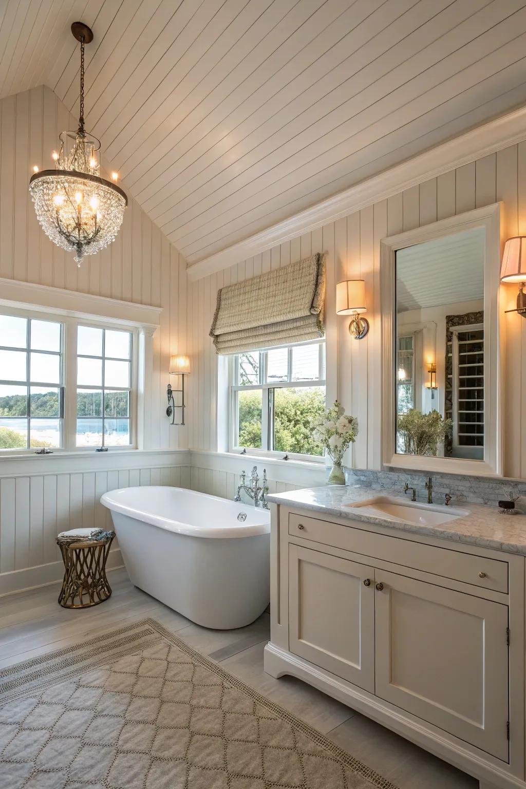 A spa-inspired bathroom ambiance created with moisture-resistant shiplap walls.