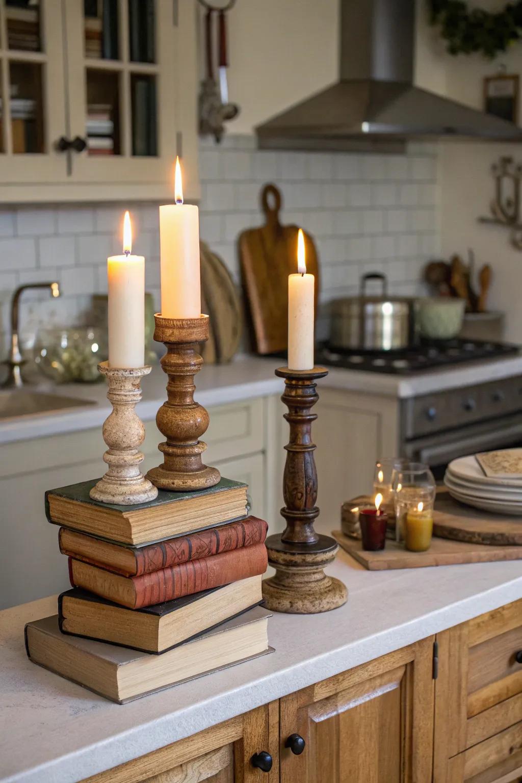Craft dimension through decorations of varied elevations displayed above your cabinets.