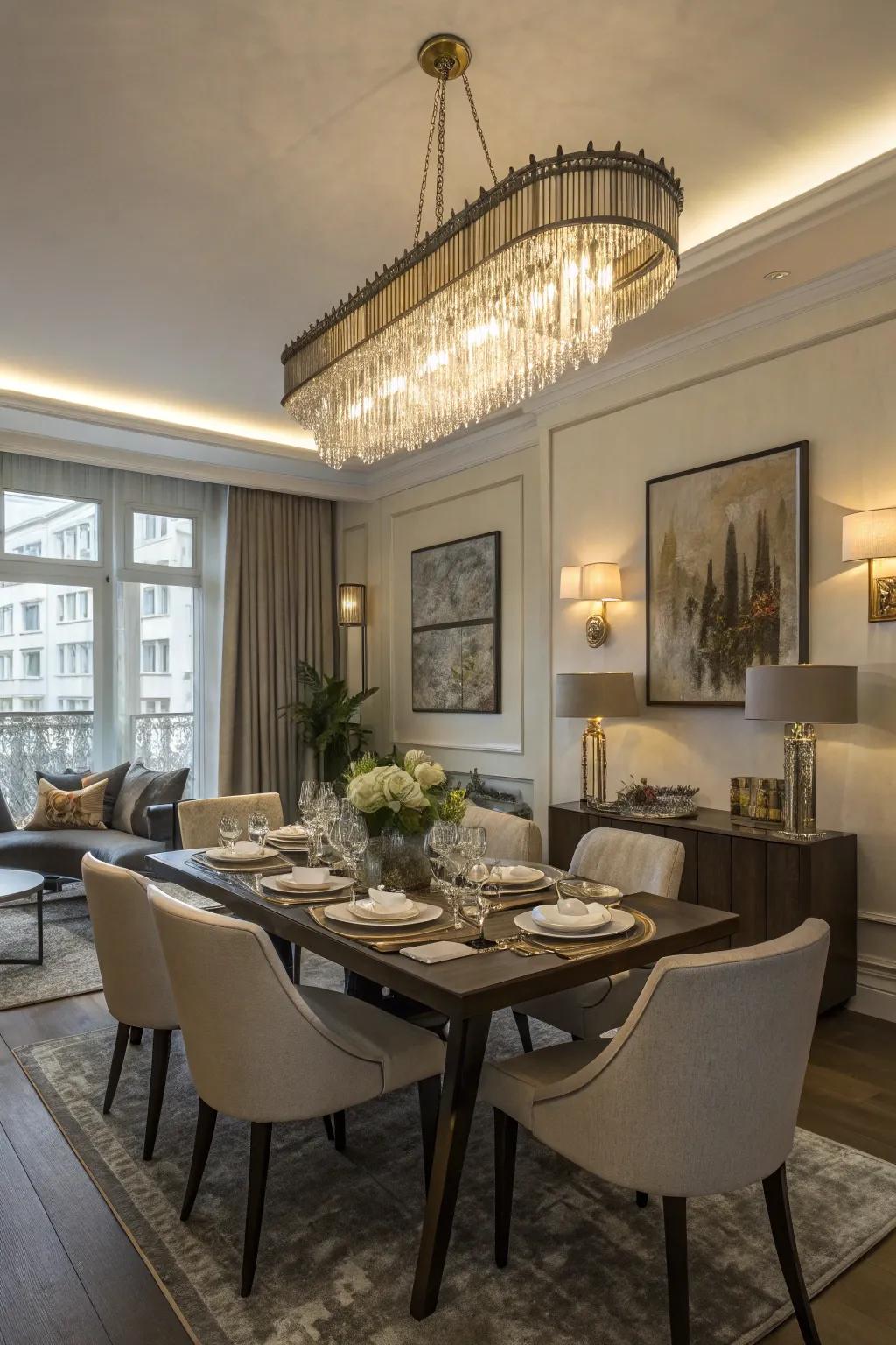 Dining area highlighted by a modern chandelier