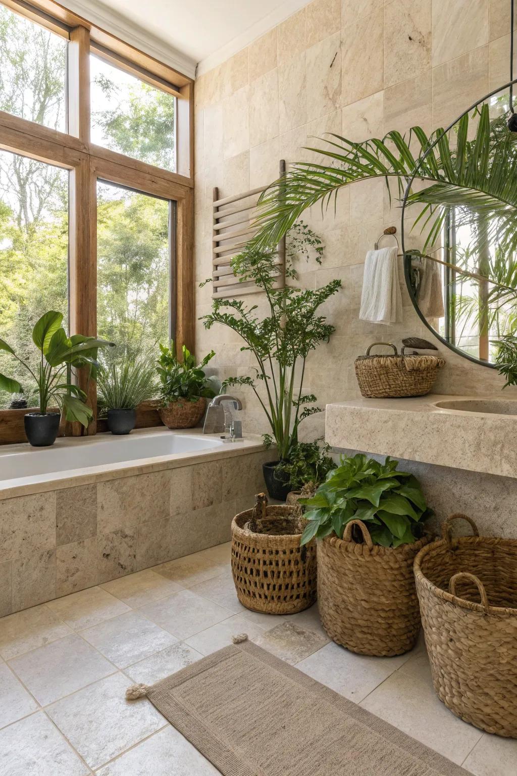 A travertine bathroom enriched with greenery and hand-woven baskets for an organic feel.