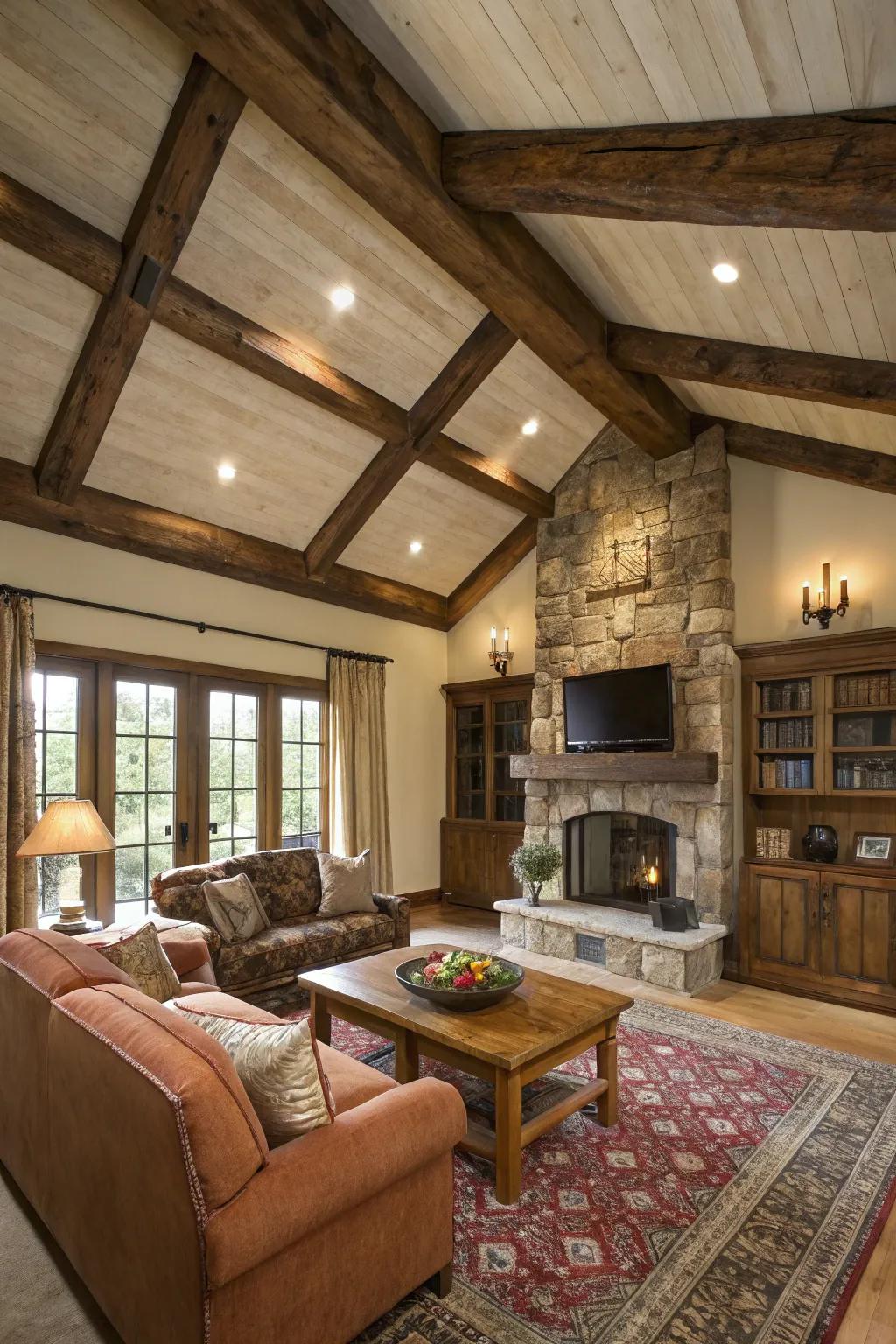 A rustic living room featuring a tray ceiling ornamented with wooden supports.