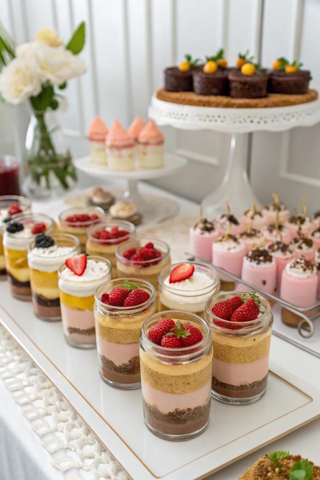 Petite dessert vessels containing stratified sweets.