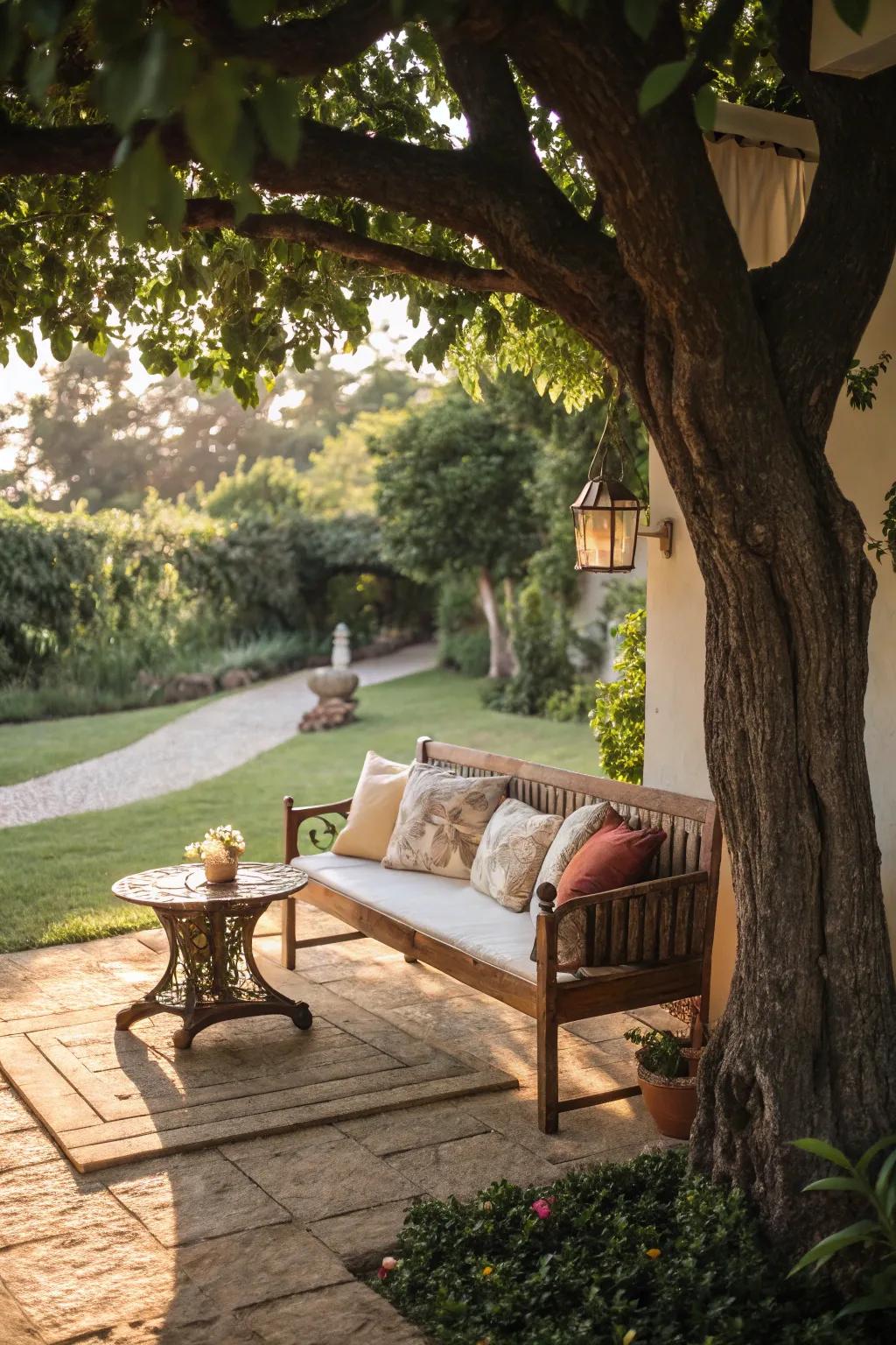 Fashion a snug alcove featuring seating beneath your tree.