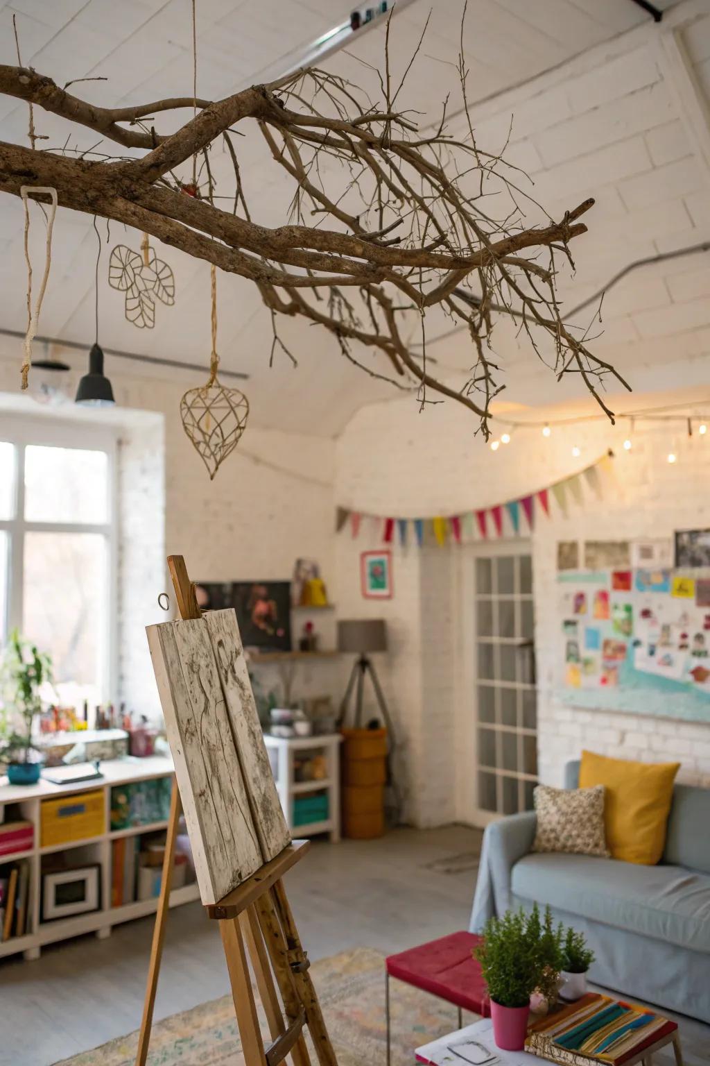 Striking dangling branch décor featured within an artistic creative workspace.