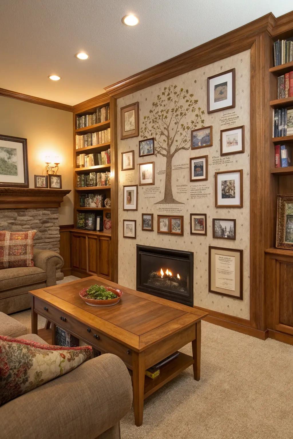 A family tree notice board featuring portraits and familial inscriptions.