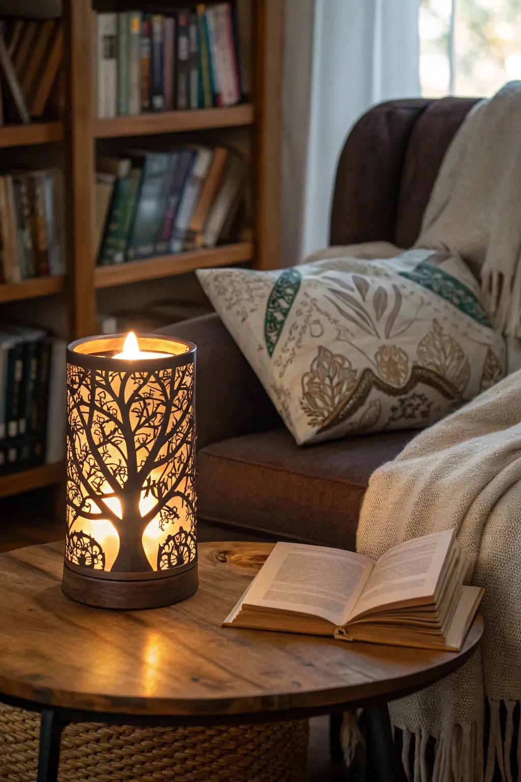 An Arbor Vitae candle holder casts a gentle light across a reading nook.