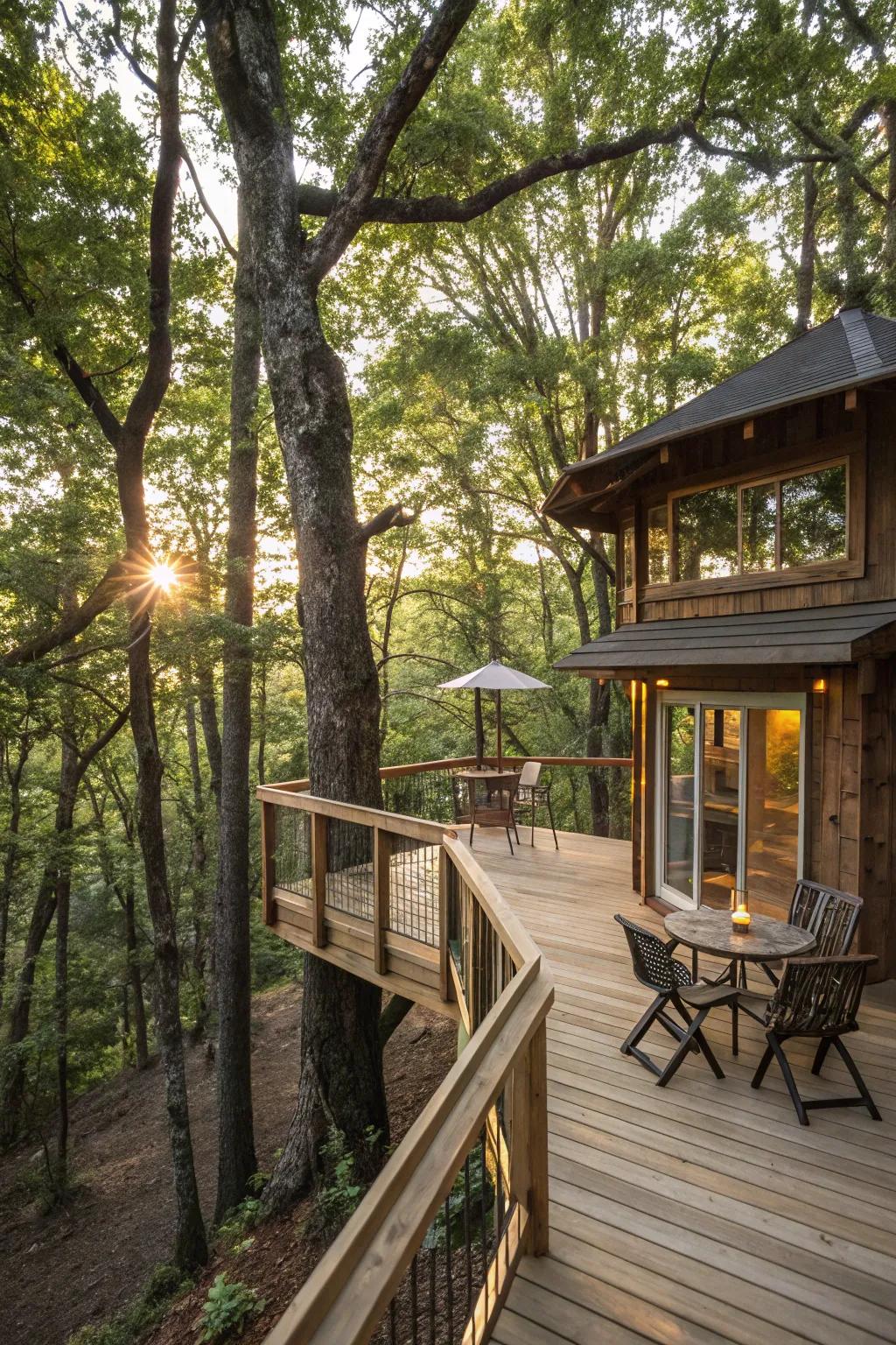 A treehouse patio connecting with nature, offering amazing views of the nearby forest.