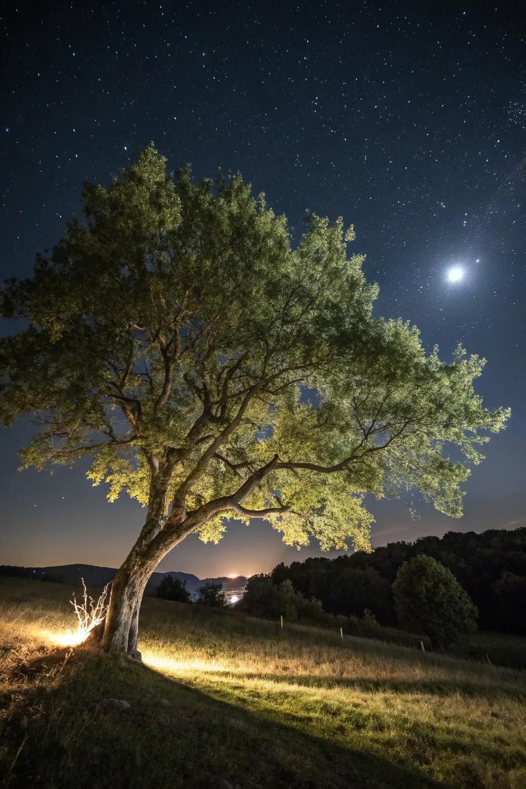 Moon-simulating radiance with downward-facing lights creates a serene garden scene.