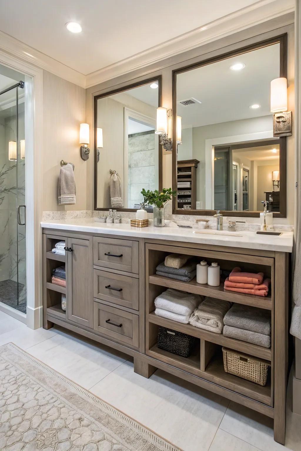 A bathroom vanity offering comprehensive storage to keep the space organized and clutter-free.