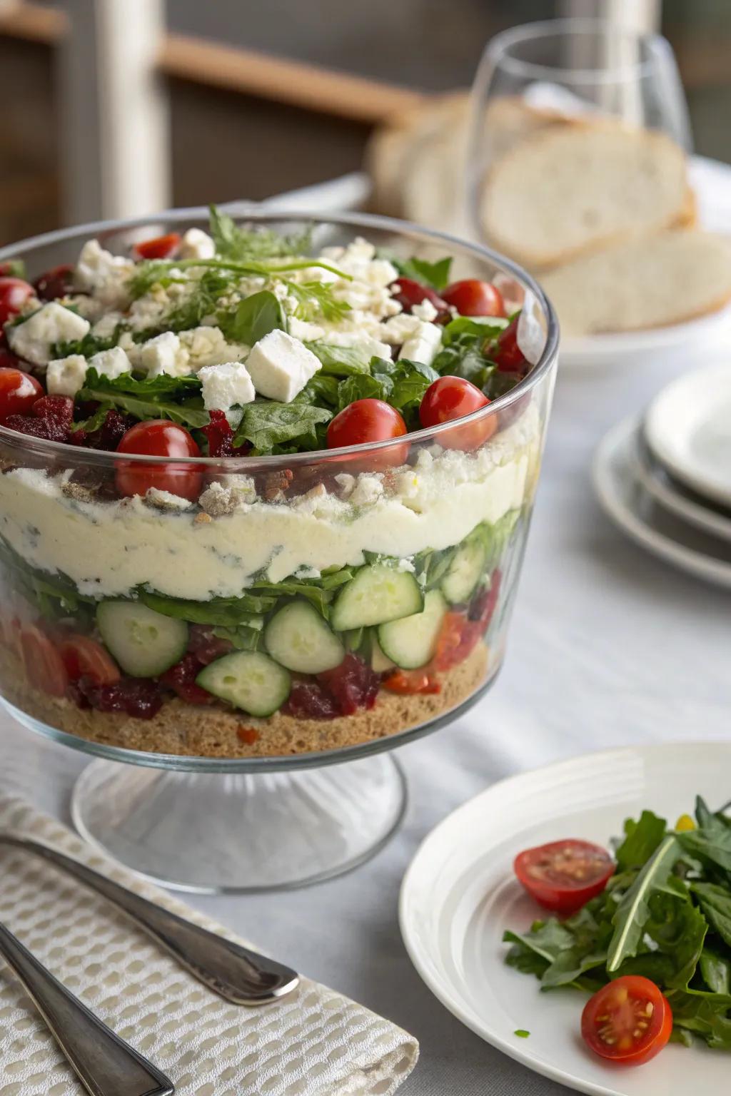 A presentation bowl beautifully exhibiting a layered salad.