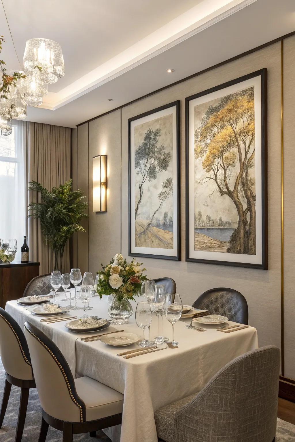 Sophisticated triptych art enhancing a dining space.