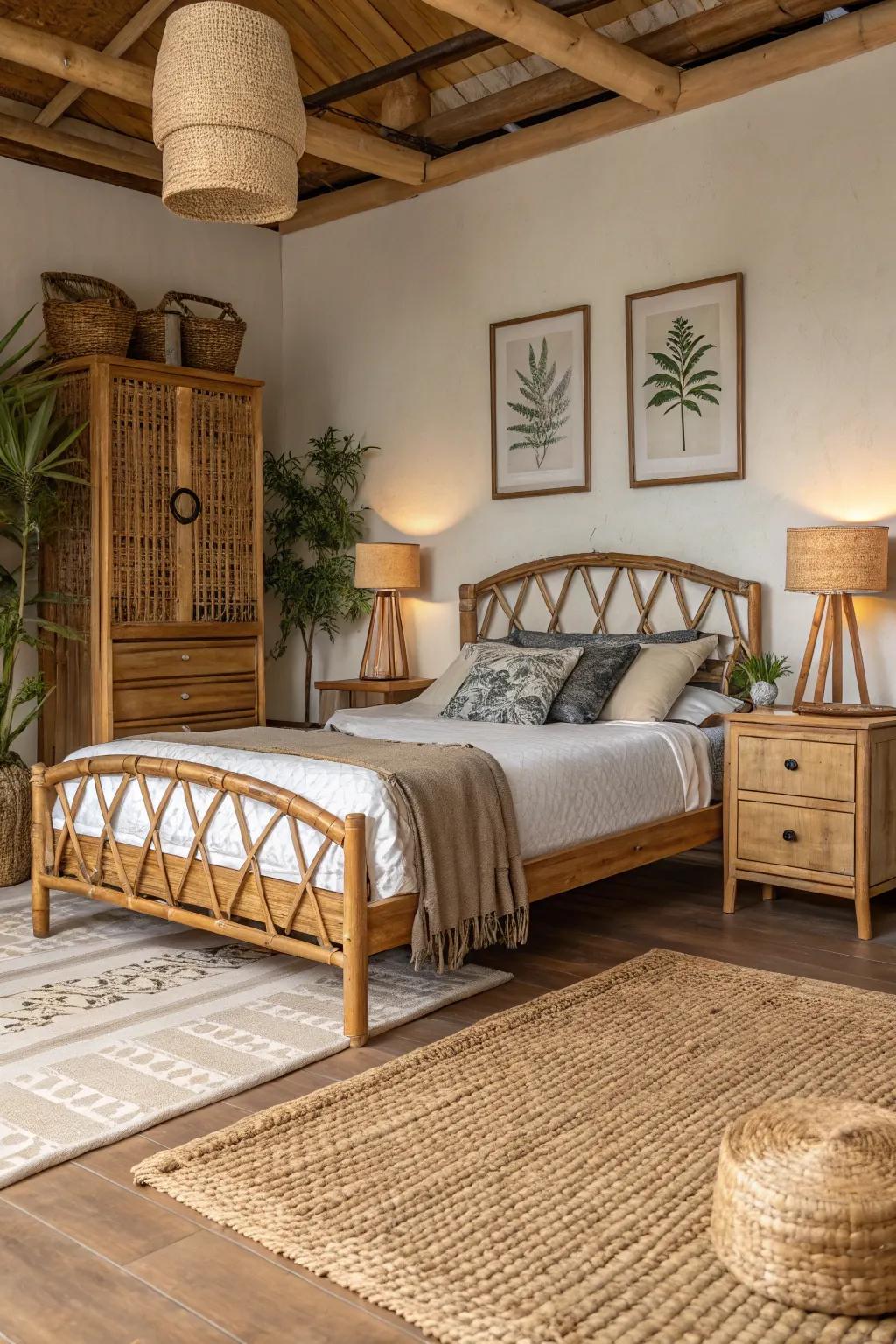 Natural substances like timber and bamboo ground your bedroom in nature.