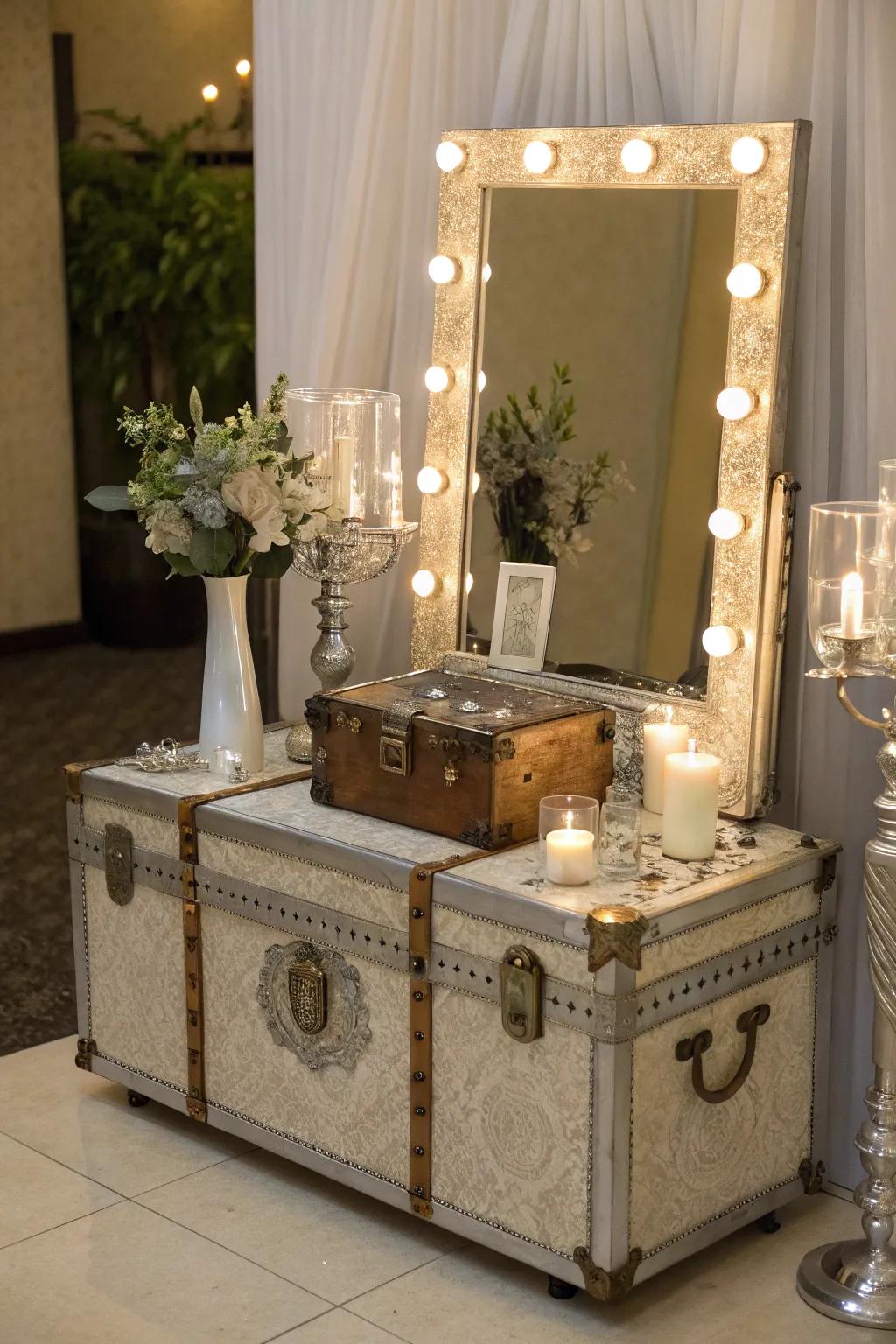 An antique trunk transmuted into an elegant vanity through timeless allure.