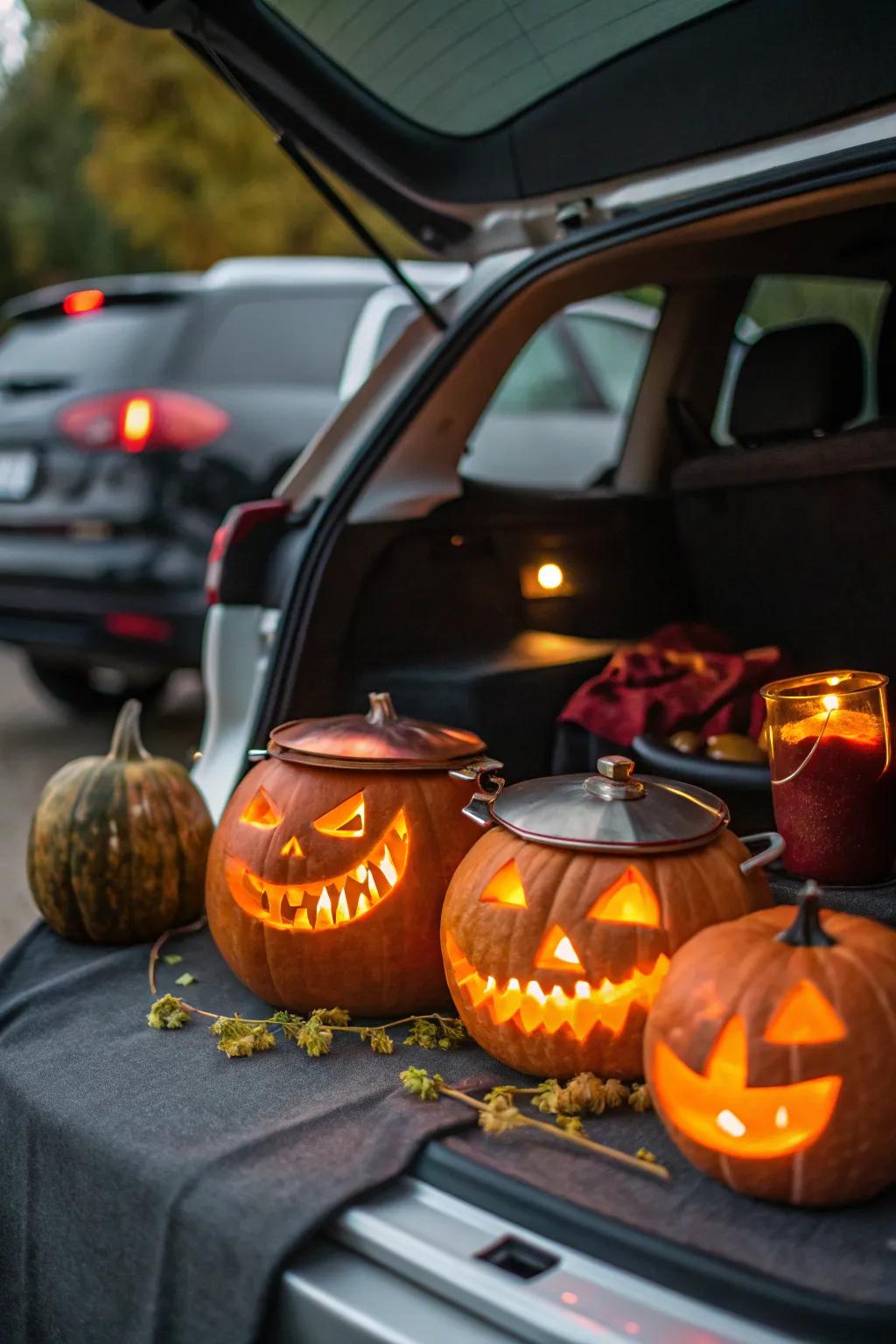 Gourd kettles light up the night with spooky charm.