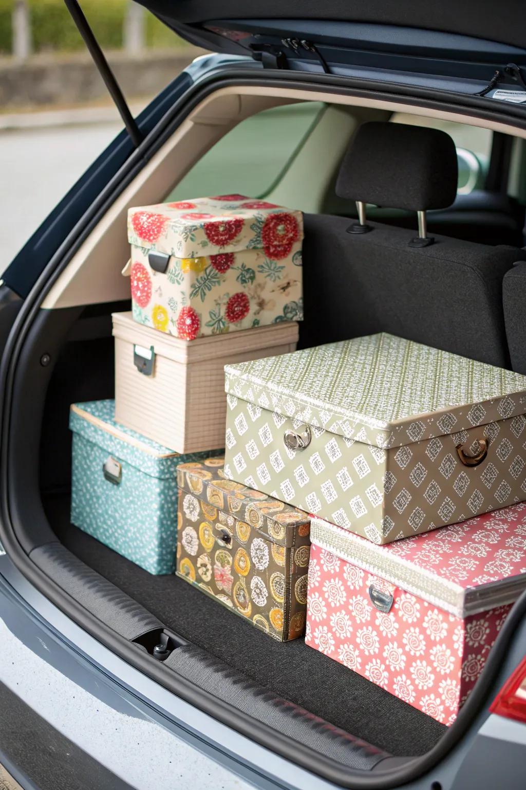 Home-made fabric-lined boxes for a stylish and organized trunk.