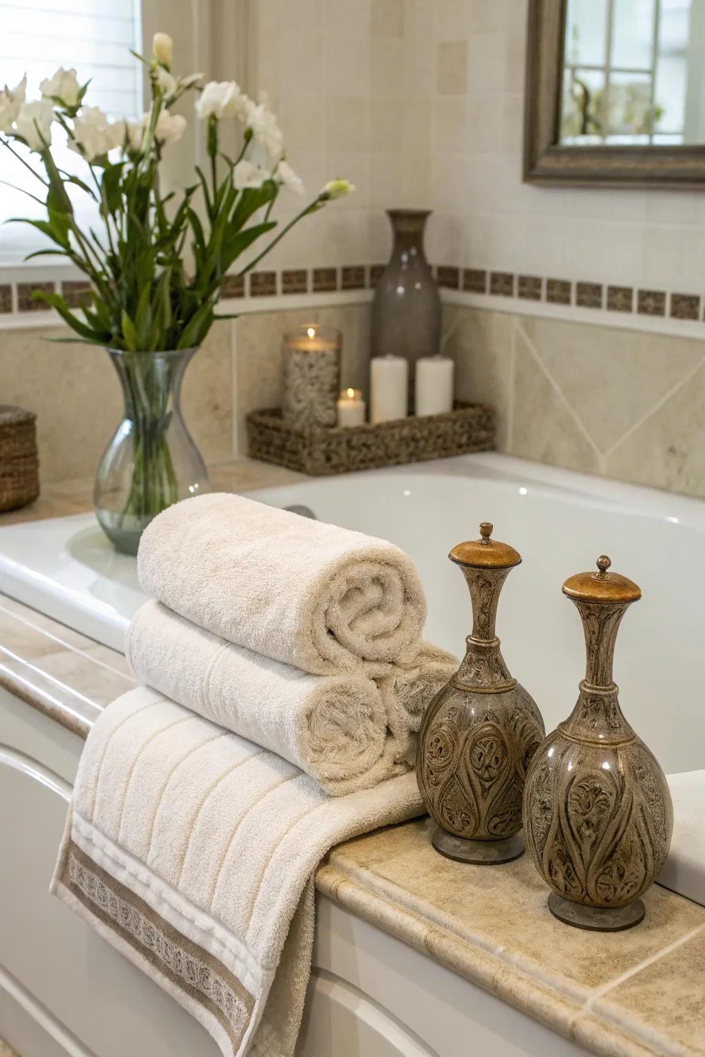 A comfortable tub deck with soft textiles and elegant ornamental containers.