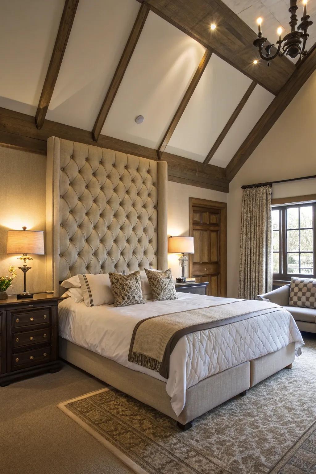 A majestic bedroom showcasing a tall tufted headboard.