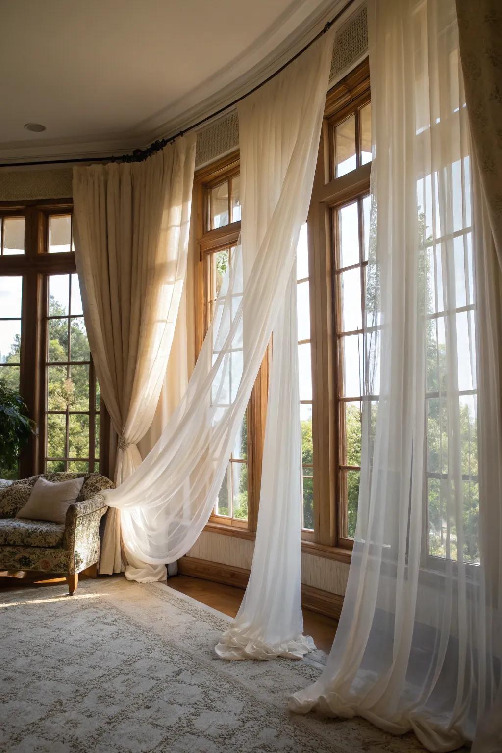 Invite tranquility using netting window sheers.