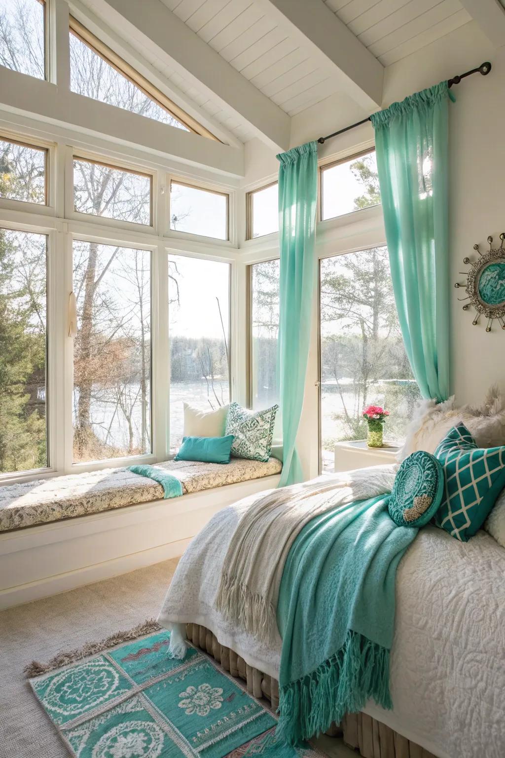 Sunlight highlights vibrant teal shades.