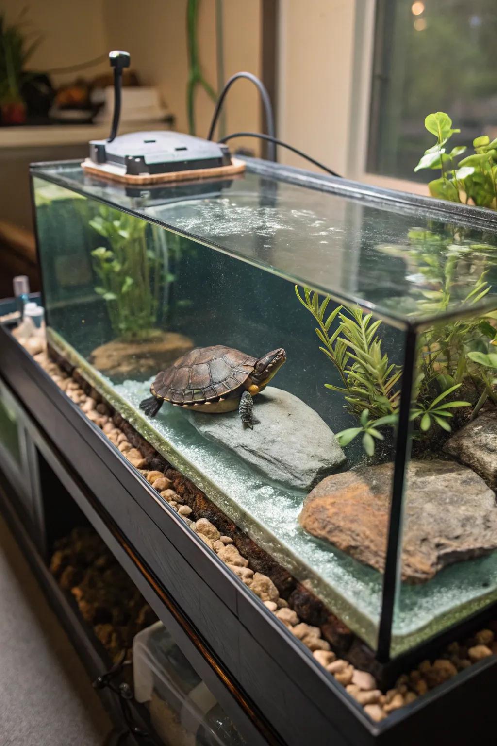 Floating sunning spaces encourage activity and relaxation for your turtle.